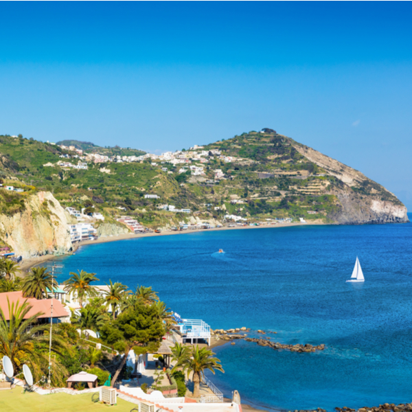 view of the sea and mountain at Le Fumarole Beach in ischia