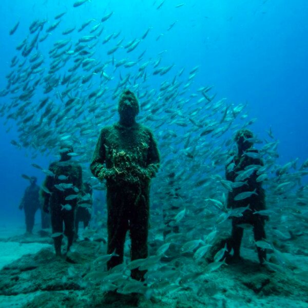 fish surround underwater sculptures in lanzaronte