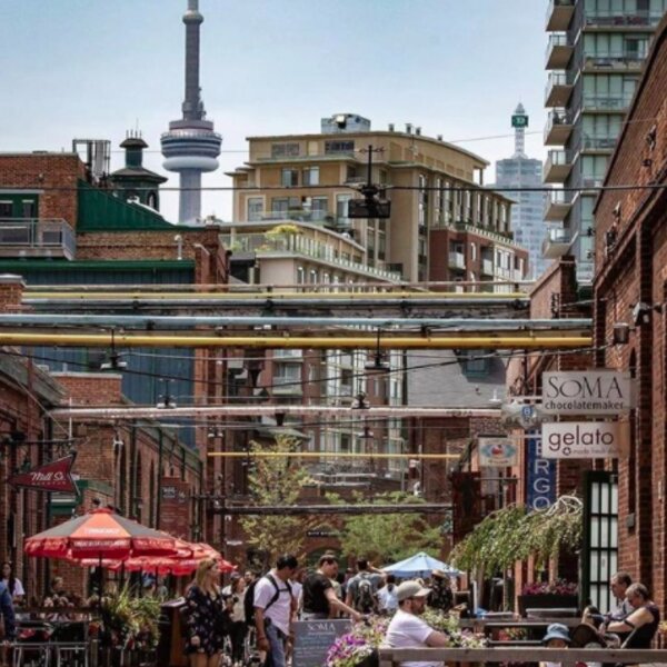 people dining at restaurants in toronto's distillery district