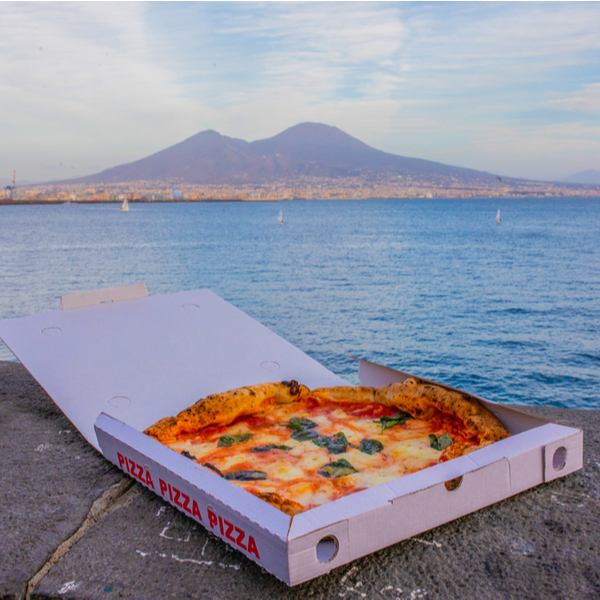takeaway pizza with view of Vesuvius