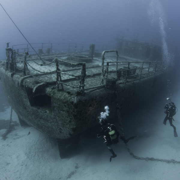 divers exploring wreck site in madeira