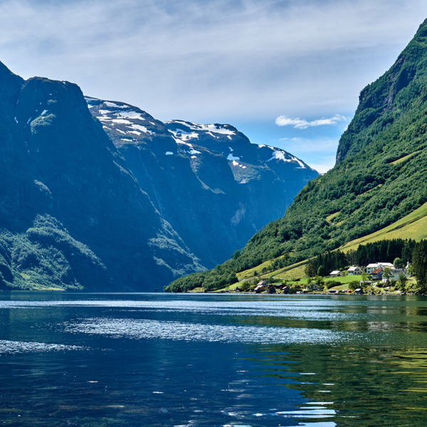 view of water and mountains at Nærøyfjord in norway