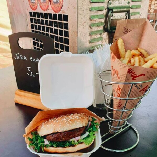 burger and fries from a stall at the central market in riga