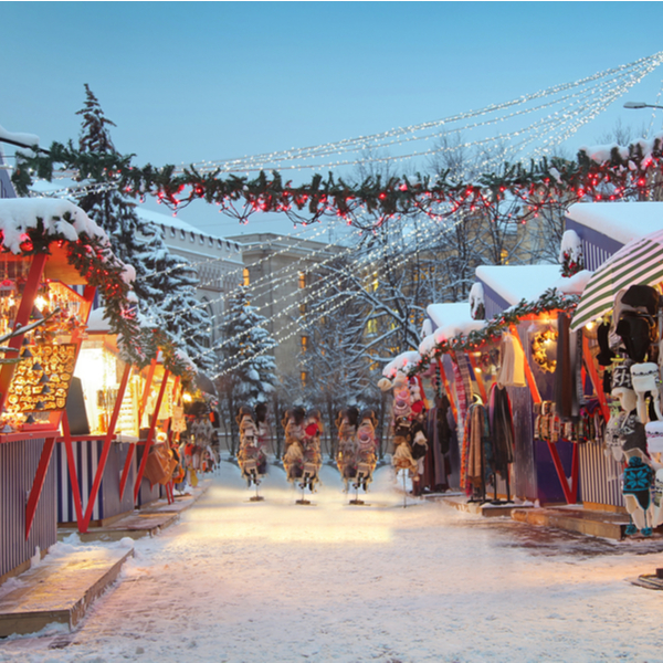 traditional festive stalls at riga christmas market