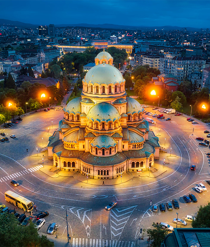 View of the Bulgarian Orthodox cathedral in Sofia at night