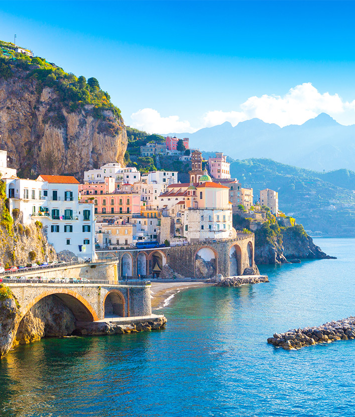 Morning view of Amalfi cityscape on coast line of mediterranean sea, Italy