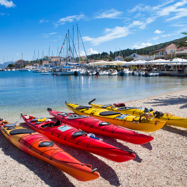 kayaks waiting at kefalonia beach