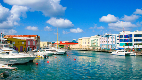 Bridgetown, beautiful view of town with boats on water on the beautiful caribbean island of Barbados
