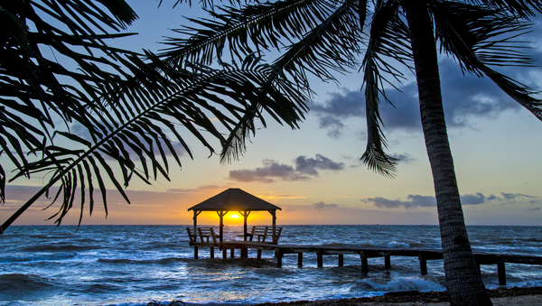 stunning sunset over the ocean with palm trees and decking area on the caribbean island of Belize