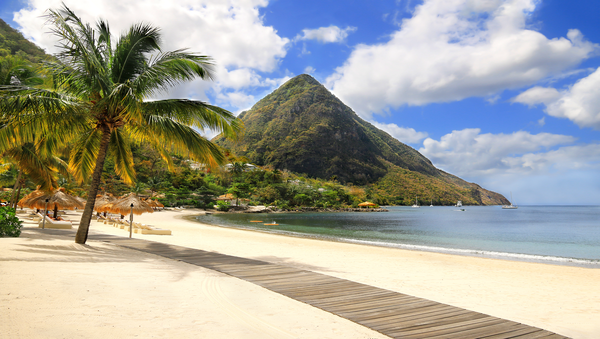 Mountain and volcano view with beach and sea on the Caribbean island of St Lucia