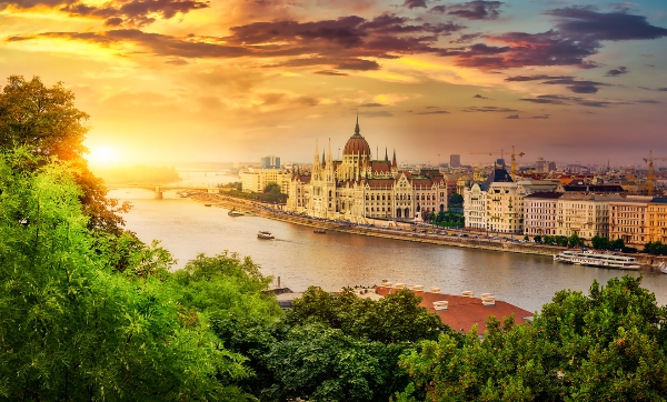 Sunset view of Budapest old town and river