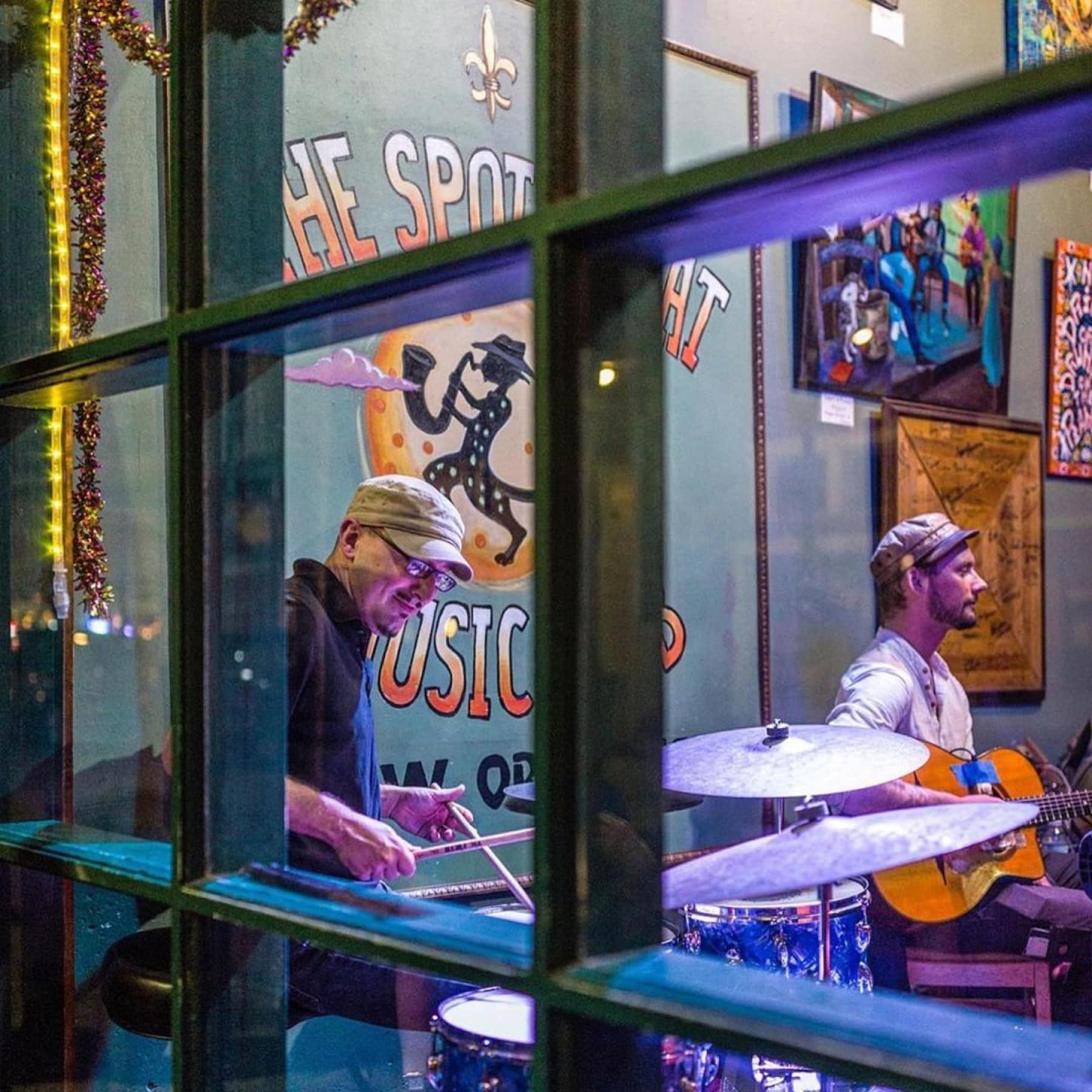 A view into The Spotted Cat in New Orleans with a live band playing