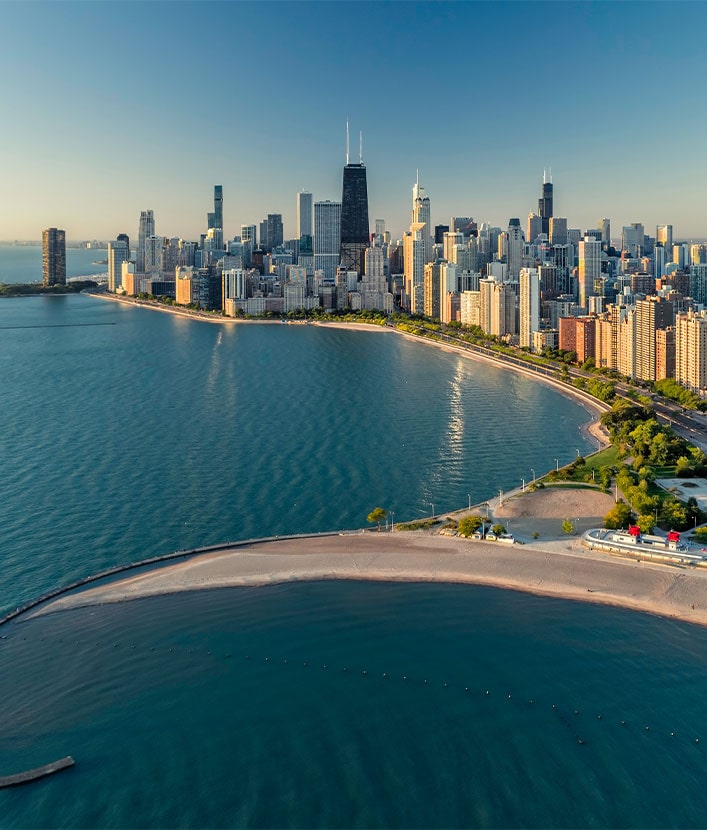 Chicago downtown skyline with park and the beach.