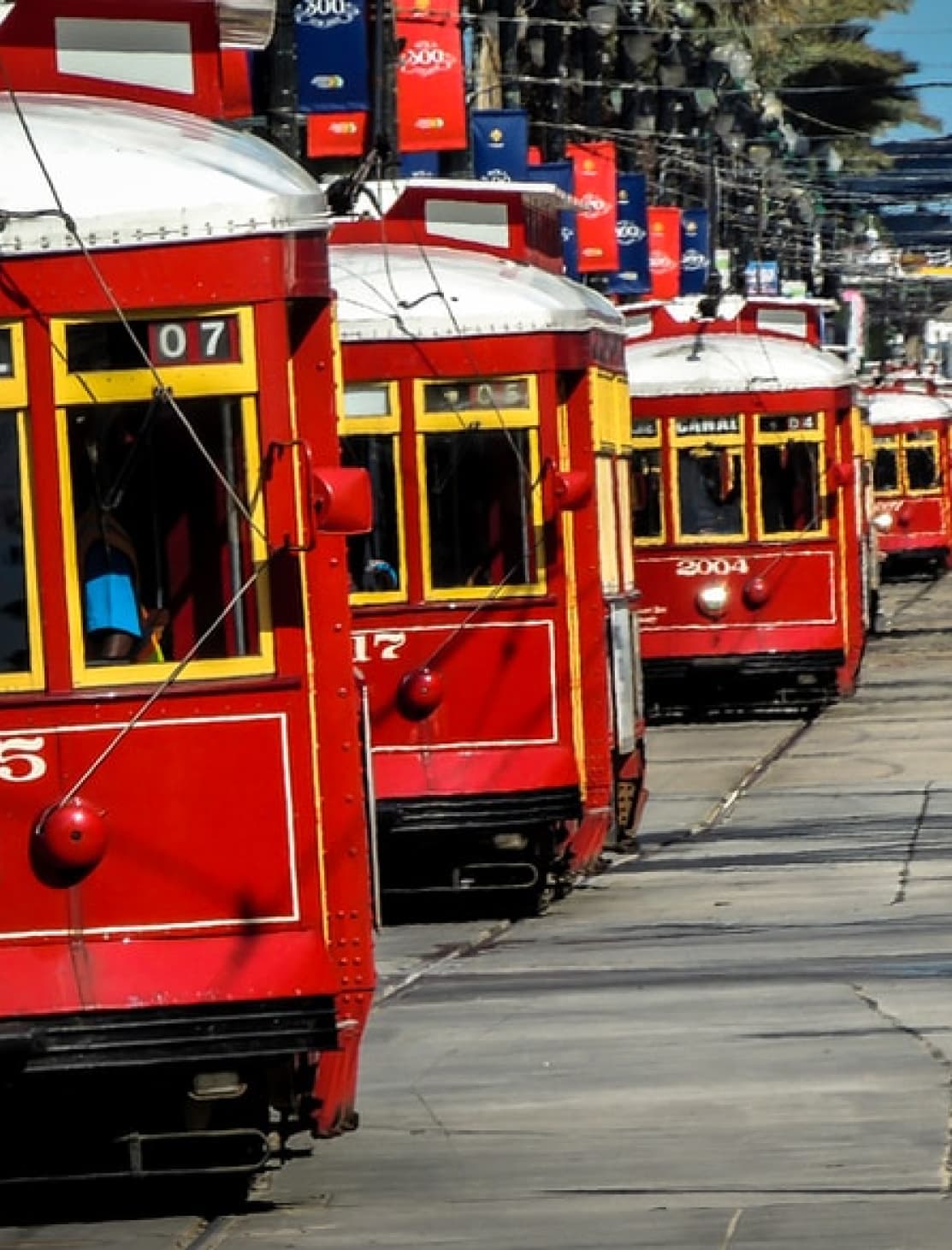 Red trams lining the streets of New Orleans