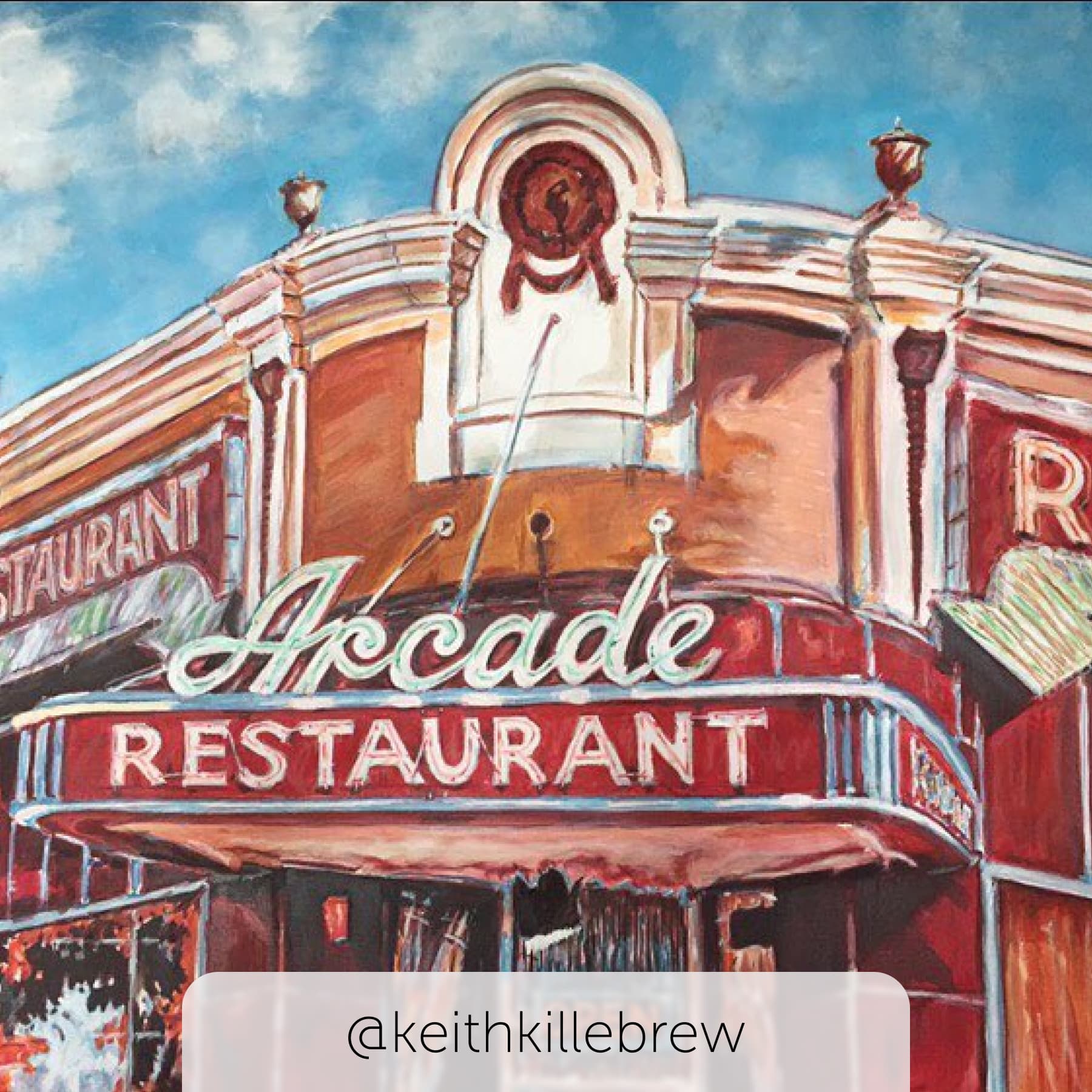 A painting of the Art Deco designed exterior of arcade restaurant