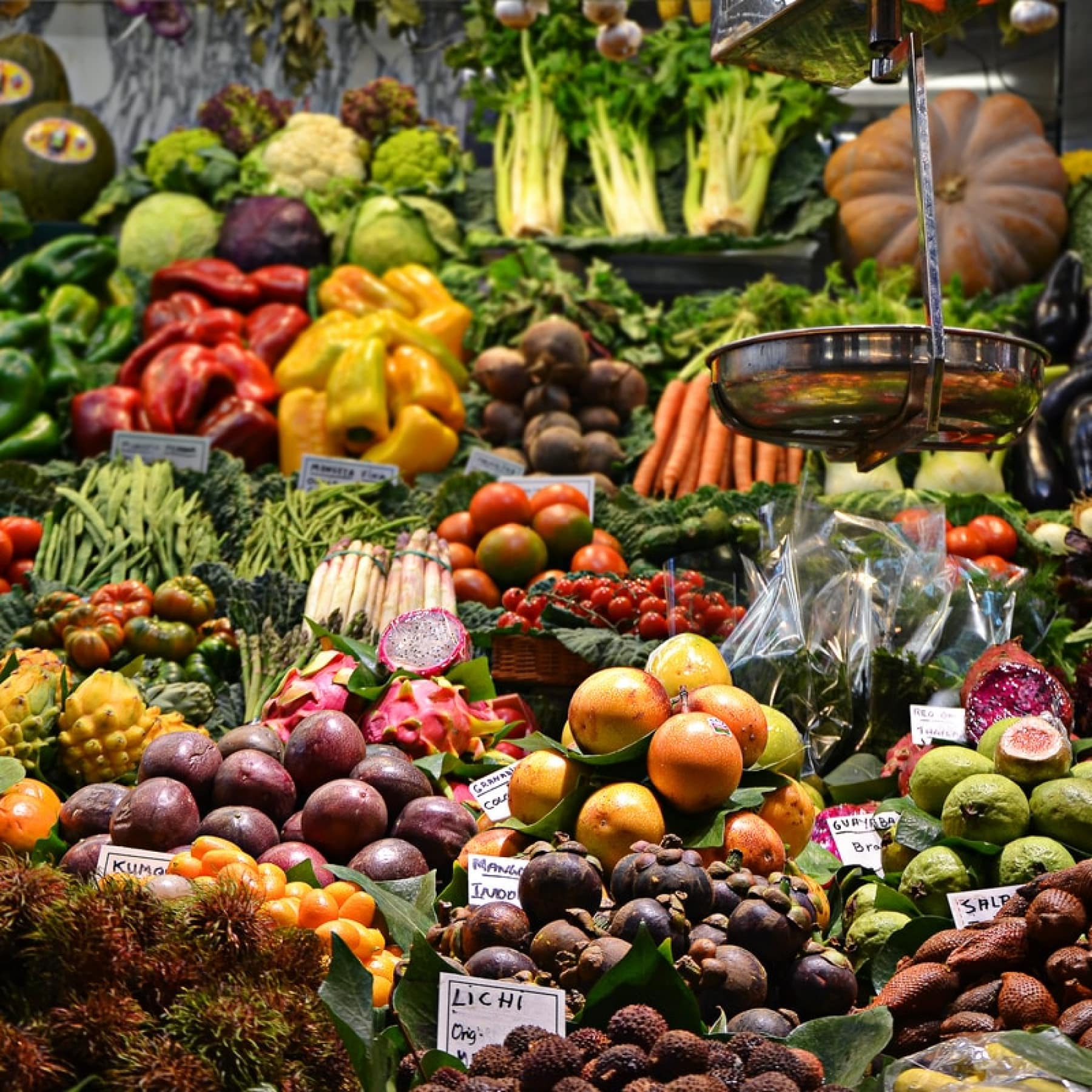 Exotic and fresh fruit and vegetables displayed at a food market in the Seychelles