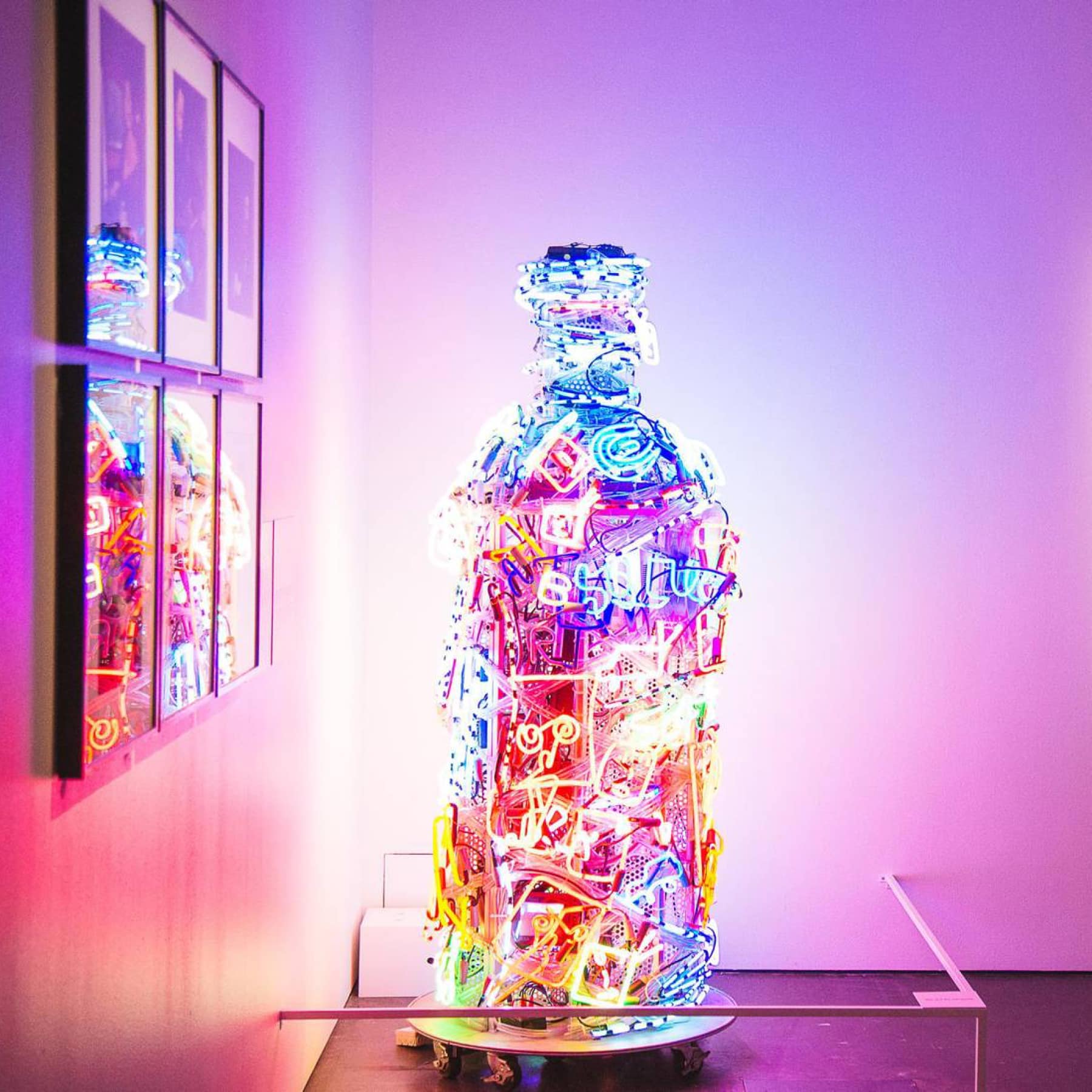 A bright and colourful collection of lights resembling a bottle of spirit inside the Spirit Museum in Stockholm