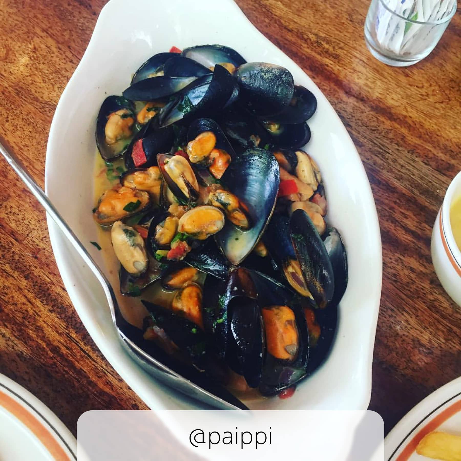 A bowl of mussels in sauce at Bonbon Plume in Praslin