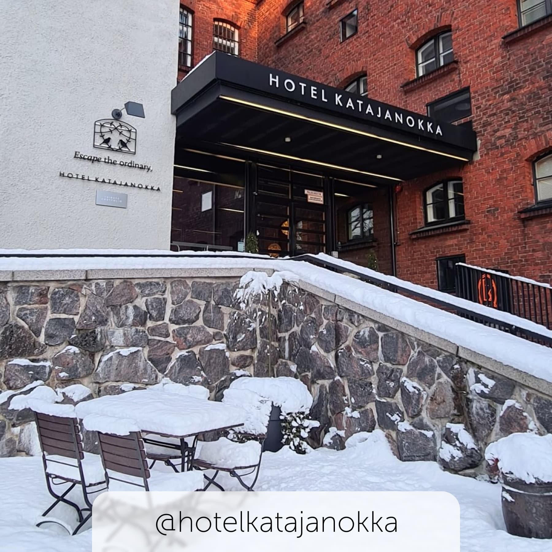 Snowy scenes on the stairway to Hotel Katajanokka