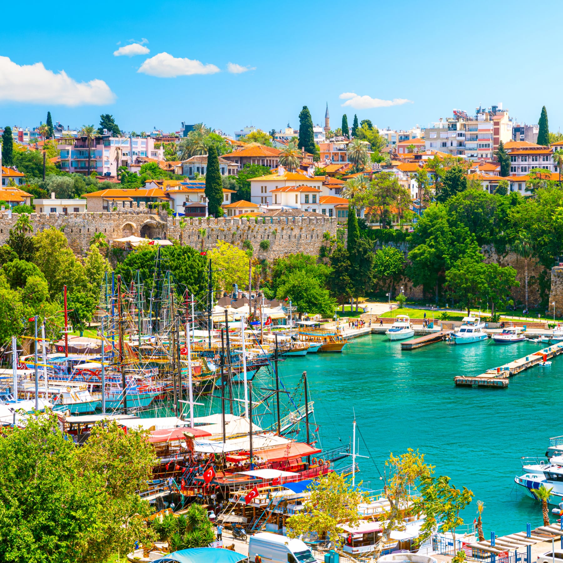Boats surround a bay in Antalya